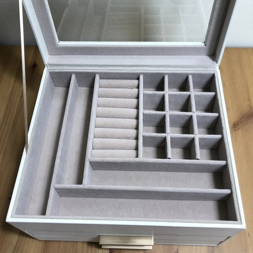 SONGMICS Jewelry Box Glass Lid 3-Layer Organizer 2 Drawers White Gold